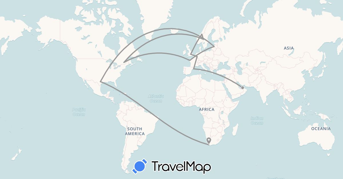 TravelMap itinerary: driving, plane in United Arab Emirates, Belgium, Canada, Spain, France, United Kingdom, Latvia, Norway, Sweden, United States, South Africa (Africa, Asia, Europe, North America)